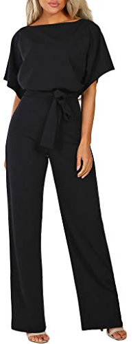 Damen Elegant Jumpsuit O-Ausschnitt Lang Overall Hosenanzug Playsuit Romper (Schwarz, M)