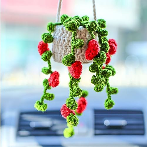 Autospiegel-Hängezubehör, Auto-Rückspiegel-Dekoration, niedliche Häkelorchidee, Hängeornament für Frauen, Anhängerpflanze als Geschenk, handgefertigt gestrickt (rote Blumen)