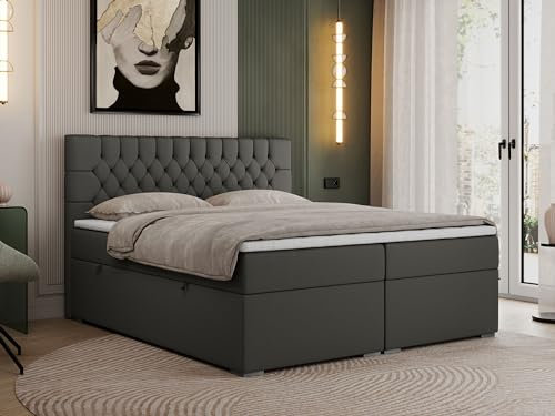 MKS MEBLE Boxspringbett 160x200 cm mit Bettkasten, Premium Multipocket Matratze H4 mit Topper T25, Doppelbett mit Kopfteil PERA - Dunkelgrau Kunstleder