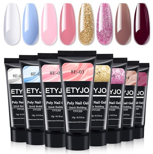 ETYJO Poly Gel Set mit 8 Farben Blau Nude Rosa Poly Gel Nägel Selber Set, Schnell Nagelverlängerung Gel Poly Nail Gel Acrylgel für Nägel, Nail Extension Gel für Anfänger Salon Hause DIY Nail Art