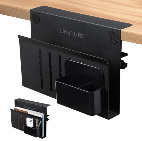 LUKETURE Desk Side Storage, Steel Side Desk Organizer, No Drill Laptop Holder, Clamp on Laptop Mount with Pen Holder, Table Hanging Storage for Home Office, Fits Flat Edge Tables 0.3 to 2.8