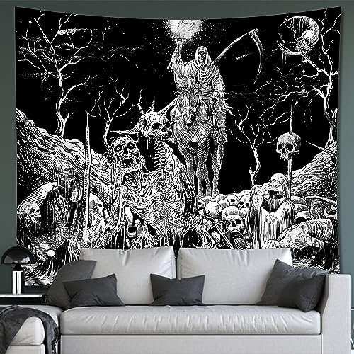 Schwarz-weißer Goth-Totenkopf-Tapisserie für Schlafzimmer, Gothic-Skelett, Halloween-Wandteppich, ästhetisch, Horror, Geist, Reiter, Nachthimmel, Mond, dunkler Wandbehang, Dekoration für Wohnzimmer