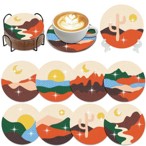 Muzagroo Art Diamond Coaster Lot de 8 dessous de verre avec support pour débutants - Kit d'art paysager réduisant le stress - Fournitures d'artisanat (paysage)