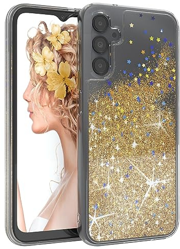 EAZY CASE - Slim Case - kompatibel mit Samsung Galaxy A14 5G Kratzfeste,Griff, Flexibles Silikon, Transparentes Vergilbungsresistentes TPU, Fall-Airbag, Stoßdämpfung Abdeckung in Glitzer Gold