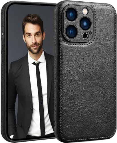 SOUTEM für iPhone 15 Pro Max Hülle Leder, Vintage Klassisches PU-Leder Luxus Business Kamera Rahmenschutz Hülle, Weiche rutschfeste Griff Anti-Kratzer Stoßfeste Hülle für iPhone 15 Pro Max(Schwarz)