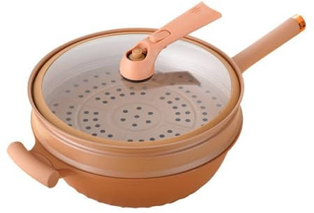 AENZA Poêle Antiadhésive en Argile, Poêle Wok Antiadhésive Et Cuisson À Cuit Vapeur, Cuisson À La Vapeur Et Cuissonwok,Wok antiadhésif en Terre Cuite avec Panier vapeur32CM