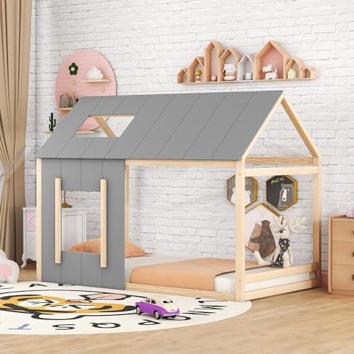 Merax Hausbett 90 x 200cm, Kinderbett Einzelbett mit Lattenrost, Stabiles Holz Baumhausbett mit Dach und Fenster, Spielbett für Jungen & Mädchen, Flachbett, dekorativ, Ohne Matratze, Grau + Natur