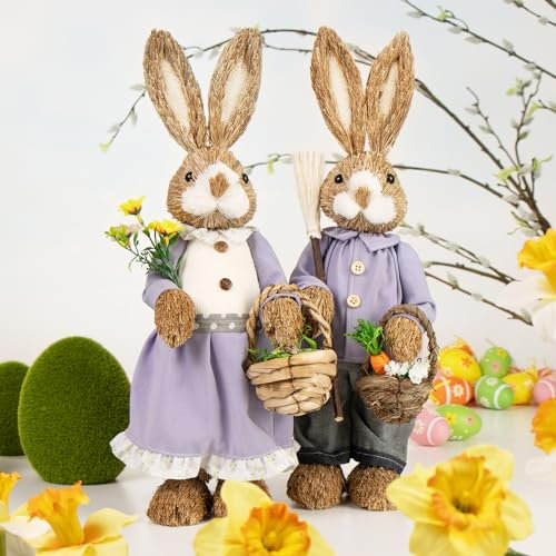 com-four® 2X XL Stroh Osterhase handgemacht - 44 cm Deko-Osterhase zur Osterdekoration - Strohfiguren für Ostern - Deko-Hase aus Stroh - handgefertigte Hasen (02 Stück - 44cm Flieder/blau)
