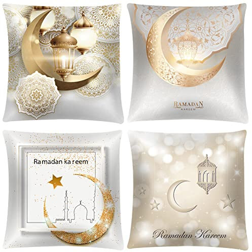 4er Set Ramadan Kissenbezug, Eid Mubarak Zierkissenbezüge Mond Laterne Kissenhülle Dekokissen Bezug Quadratisch Minimalist Wurfkissenbezüge Sofakissen Dekokissen für Sofa Auto Zuhause
