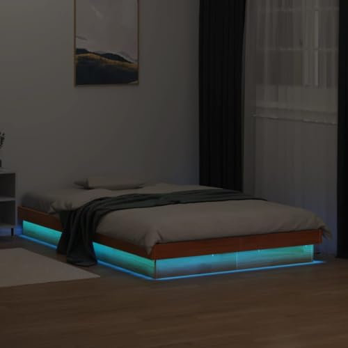 vidaXL Massivholzbett, Holzbett Bett mit LED, Bettgestell Bettrahmen mit Lattenrost, Doppelbett Schlafzimmerbett, Wachsbraun 120x200cm Kiefer