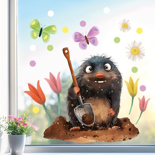 Sunnywall Fensterbild Fensterdeko Maulwurf Maulwurfshügel Blumen Fensteraufkleber statisch selbstklebend beidseitiger Druck Aufkleber Fenstersticker WIEDERVERWENDBAR A2