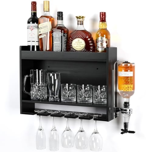 EXTCCT Wall Mount Wine Rack - Wall Wine Glass Rack, Floating Bar Shelves with Stemware Hanger, Wine Rack Shelf with Glass Holder Wall Mounted for Dining Room Home Bar Kitchen