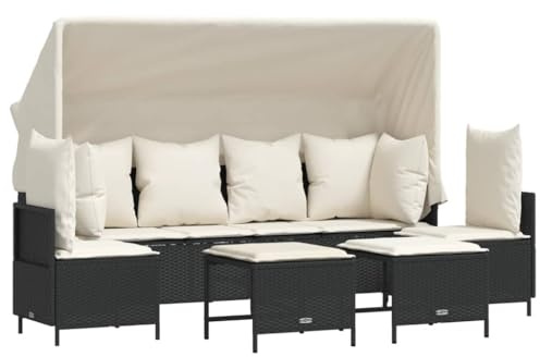 vidaXL Garten Sofa Garnitur 5-TLG., Gartenmöbel Set mit Kissen Dach, Sitzgruppe für Garten Terrasse, Lounge Hocker Sitzgarnitur, Schwarz Poly Rattan