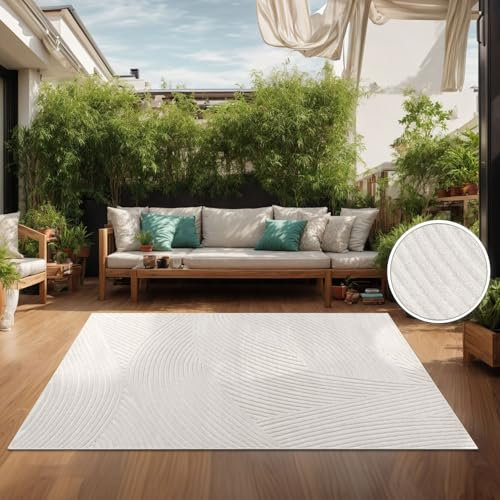 TT Home In-& Outdoorteppich Wetterfest Balkon Schlafzimmer Boho Skandi Motiv Unifarben, Farbe:Hellbeige Creme, Größe:240x340 cm