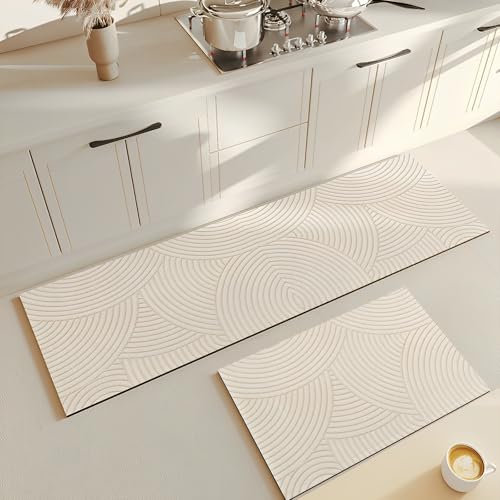Hixingo Tapis Cuisine Antidérapant, Absorbant Diatomite Tapis de Cuisine, Tapis Cuisine Devant Evier, Lavable Tapis de Bain Tapis Vaisselle Tapis Douche, Design Moderne (60x150cm,Beige)