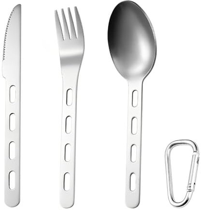 WeddHuis Set de 4 Cubiertos de Ultraligeros, Cuchara, Tenedor y Cuchillo con Karabiner, Ideal para Camping, Picnic, Viaje y Senderismo