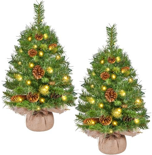 Yaheetech 2er-Set 61 cm Mini Künstlicher Weihnachtsbaum mit 35 Warmweiß LED Beleuchtung & 12 Tannenzapfen Kleiner Christbaum Tisch Tannenbaum für Weihnachtsdeko, Grün