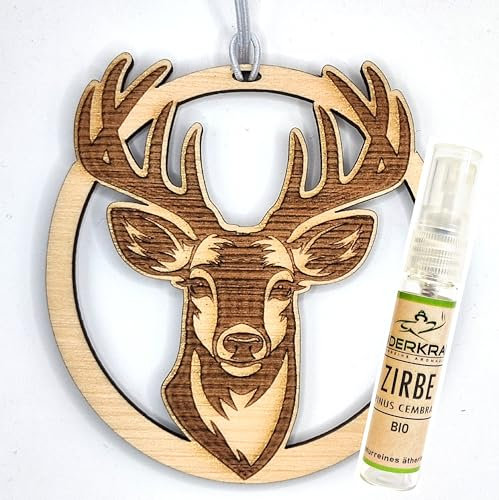 Echtholz HIRSCH Duftbaum/Zirben Anhänger/Auto Lufterfrischer/inkl. 5ml bio Zirbenspray, verschiedene Designs/Motive, ideal fürs Auto oder den Kleiderschrank. Natürlicher Zirbenholz Duft