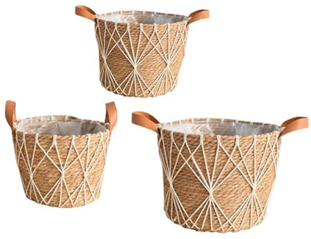 MagiDeal Lot de 3 paniers de jardinière en Paille tressée, paniers tissés, Panier à Linge bohème, paniers de Rangement Portables, Organisateur pour jardinières, Blanc