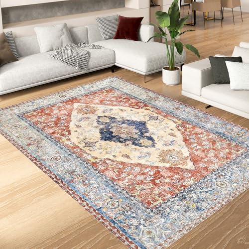 Alishomtll Teppich Wohnzimmer Schlafzimmer Waschbar Kurzflor Anti-Rutsch TPR Unterseite Langlebig Robuster Polyester Teppich Rechteckig Pflegeleicht, Vintage 140x220 cm
