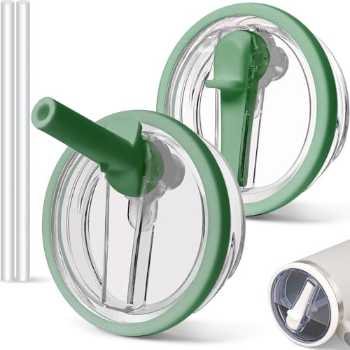 2 PCS 30 oz Spill Proof Tumbler Flip Straw Lid for Stanley Cup, Leak Proof Tumbler Lid Replacement Fit for Stanley Quencher, Reusable Tumbler Cover 30oz Stanley Cup Accessories (dark green)