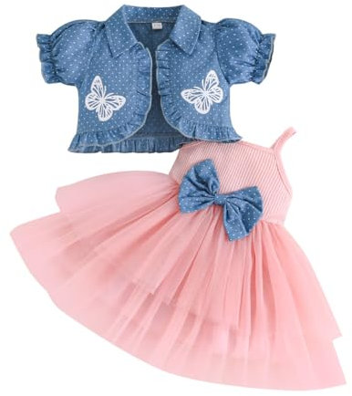 LUVCES Vestiti Estate Bambina Set tutù Abito e Cardigan 2Pcs Outfit Elegante Principessa Tulle Vestiti con Papillon +Maniche Lunghe Cardigan Abbigliamento Set Manica Corta Denim Rosa 18-24 Mesi