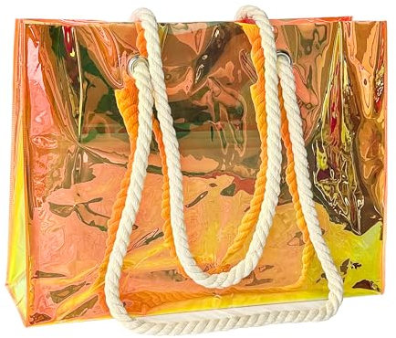 TotePrint Holografische Einkaufstasche Strandtasche aus PVC – Wiederverwendbare Transparente Tragetasche mit Regenbogeneffekt, Wasserdicht Baumwollseilgriffe für Supermarkt, Strand (braun.)
