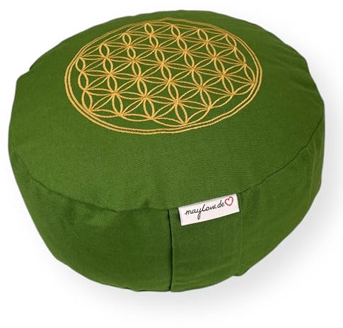 maylow Yoga mit Herz Yogakissen Meditationskissen mit Stickerei Blume des Lebens 33x15 cm für Anfänger und Geübte Bio-Dinkelspelz Füllung Bezug und Inlett Baumwolle waschbar (Blume olive/gold DV)