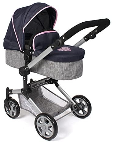 Bayer Chic 2000® 2in1 Kombi Puppenwagen Linus - Melange grau-Navy - faltbar, höhenverstellbarer Griff 47-78 cm – Puppen bis 52 cm, 4-8 J.