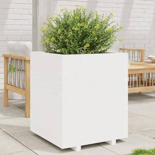 WKIEQACO Home & Garden,Furniture-Garden Macetero blanco 60x60x72.5 cm madera maciza de pino