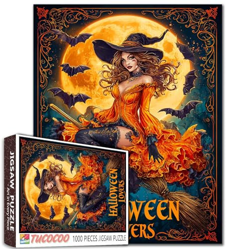 Halloween Witch Puzzle 1000 Pieces for Adults Sexy Witch on Broom Jigsaw Full Moon and Bats Fantasy Halloween Puzzles Fall Decor Fun Challenging Puzzle Gift for Women Men Family Game Nights