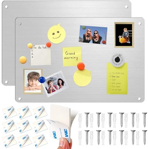 2 Pack Magnetic Board for Wall, 42 x 30cm Magnetic Notice Board, Stainless Steel Magnetic Pin Memo Board, Numbers, Photos, Spice Jars, for Kitchen, Refrigerator, Cabinet, Home or Office