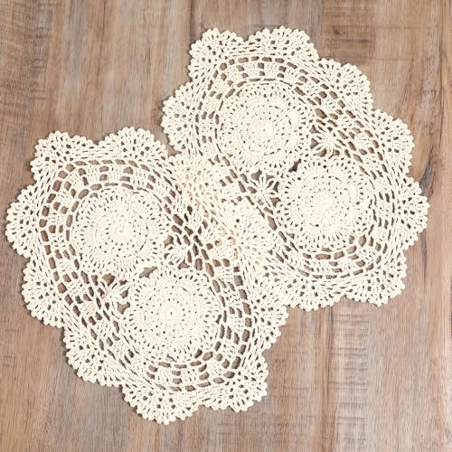 2Pcs Handmade Crochet Lace Doilies for Tables, Beige Oval Lace Table Runner Doilies, Vintage Knitted Coasters Placemats, Floral Cotton Table Scarf Furniture Cloth Cover for Kitchen Dining Room Wedding