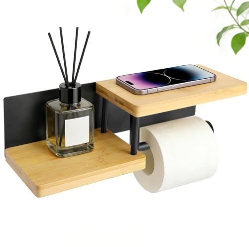 XRVRILE Porta Carta Igienica da Muro - Adesivo Senza Foratura o con Viti - 2 Ripiani - Portarotolo da Parete in Legno & Metallo - Per Bagno - Nero & Bambù