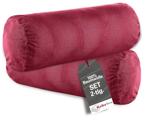 BaSaTex Baumwolle Renforcé Kissenbezug, 2er Pack, 40x15 cm, Bordeaux | 100% Baumwolle, Öko_Tex Zertifiziert, Reißverschluss, für Nackenrollen