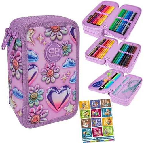 Goldkids - Federmäppchen 3 Fächer - Mäppchen für Mädchen und Jungen - Federmappe 3-Fach Federtasche Gefüllte Schüleretui Schulmäppchen und Hausaufgabenheft - Balloons Motiv