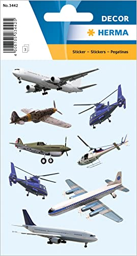 HERMA 3442 Aufkleber Flugzeug klein groß, 24 Stück, Helikopter Sticker mit Hubschrauber Motiv, Kinder Etiketten für Fotoalbum Tagebuch Poesiealbum Scrapbooking Geburtstag Dekoration Briefe DIY Basteln