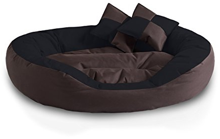 BedDog® 4in1 Hundebett SABA, Wende-Hunde-Kissen oval-rund, großes Hundekörbchen, abwischbares Hundebett mit Rand, für drinnen, draußen, XL, Mocca, schwarz-braun