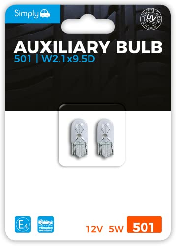Simply S501BL 501 (W5W) Auxiliary Bulb Blister, High Performance and Maximum Visility, Provide Drivers with More time to React to Changes in Traffic Situations,White, 12V 5W, Base W2.1 x 9.5D