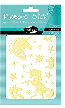 Maildor AE079O Packung Sticker Phospho' Stick mit Glitter Effekt, 2 Bögen in Format DIN A6, 10,5 x 16 cm, ideal für Kinder ab 5 Jahren, Einhorn