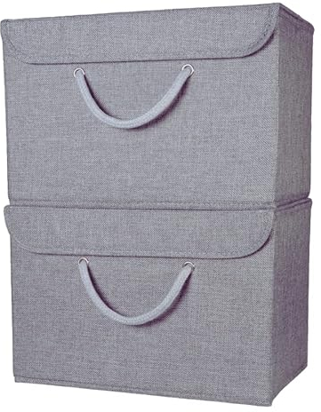 Grey Fabric Storage Boxes with lids. Stackable and Foldable. For wardrobes, shelves, clothes, bedroom, office, cupboard, keepsake memory box, crafts, toys, shoes, socks. Rope Handle 2pk 37x25x25cm