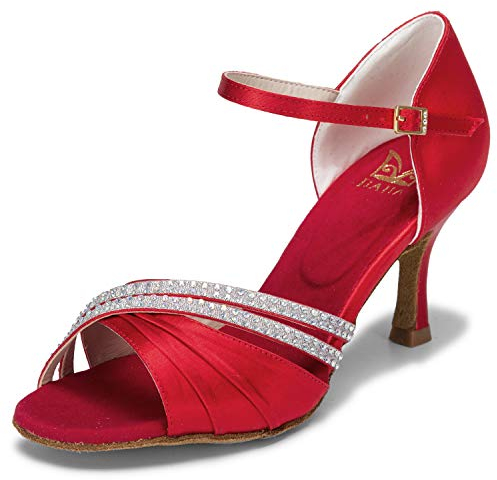 JIAJIA 20524 Latin Women's Sandals 2.95'' Flared Heel Super Satin Dance Shoes Color Red,Size 6.5 UK / 40 EU