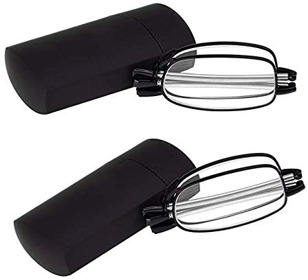 2 Stueck Lesebrille Faltbar Klappbar Schwarz für Herren Damen +2.0 Metallrahmen Kompakte Leichte Brillen Anti-Müdigkeit Presbyopische Optics Gläser mit Pocket Etui,+ 2.0 (55-59 Jahre)