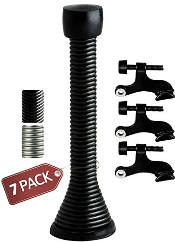 Jack N’ Drill (3 ⅛) Spring Door Stop (7 Pack) w/ 3X Hinge Pin Door Stops | Flexi Heavy Duty Black Door Stop for Home, Office - Rustproof, Bendable Spring Steel & Durable Rubber Tips