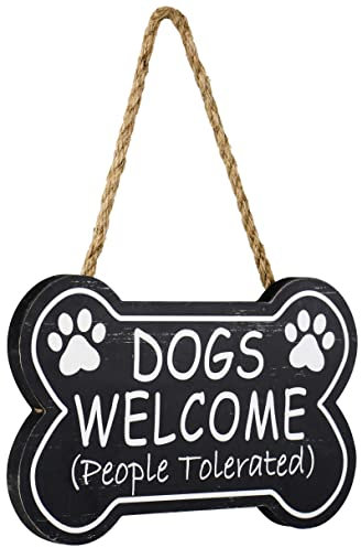 SANY DAYO HOME Dogs Welcome People Tolerated 10 x 6 inches Funny Wood Signs Bone Shape Dog Rules Decorative Plaque with Hanging Rope for Wall, Front Door Decor