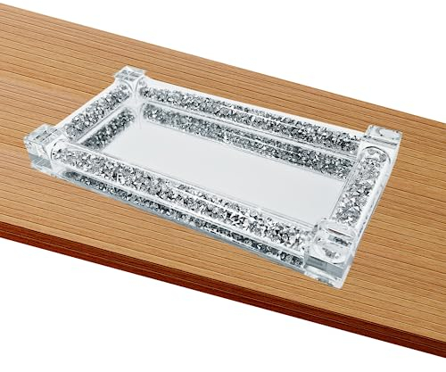 Bandeja de cristal con espejo con marco de diamantes triturados, bandeja rectangular decorativa para cosméticos, perfumes, baratijas, tazas para servir, 20 x 10 cm