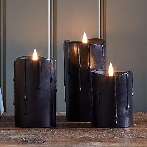 Lights4fun Set of 3 Black Dripping Wax TruGlow® LED Flameless Battery Operated Pillar Candles with Realistic Flickering Flame & Built-in Timer – Safe Decorative Lighting for Home, Events & Halloween