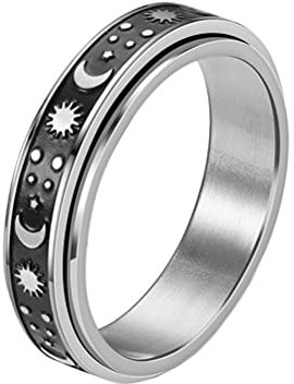 HIJONES Damen Edelstahl Sun Moon Srar Drehbarer Ring Schwarz Silber für Angst Mädchen Stressabbau Jungen Größe 62