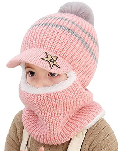 iEasey Cagoule 3 en 1 pour Enfants Filles Garçons - Bonnet Pompon, Casquette de Baseball, Chapeau d'Hiver à Capuche Tricoté, Cache-Cou, Earflap - pour Cyclisme, Ski - Rose, 2-6 Ans