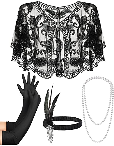 5 Stück 1920er Flapper Kostüm Accessoires Set Damen Schal Feder Kopfbedeckung Kunstperlen Halskette Lange Handschuhe